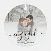 Eerste kerstcadeautje Aangepaste foto Zwart script Metalen Ornament (Achterkant)