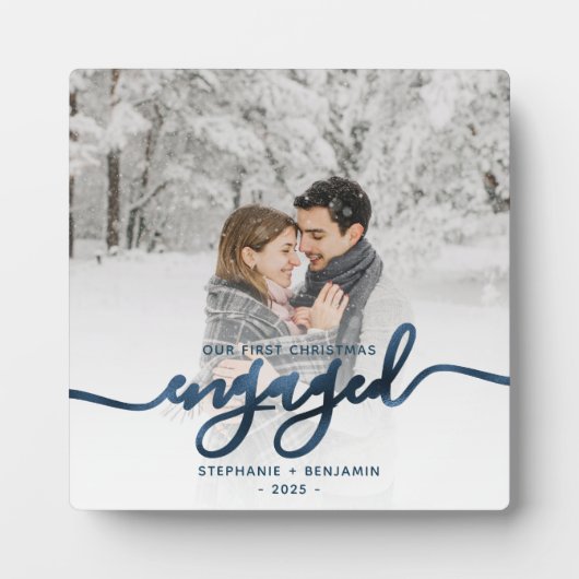 Eerste kerstcadeautje Foto Metallic Blue Script Fotoplaat (Voorkant)