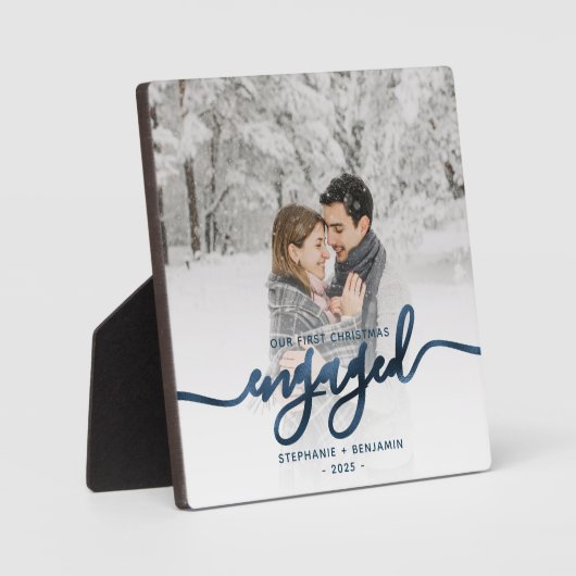 Eerste kerstcadeautje Foto Metallic Blue Script Fotoplaat (Voorkant)