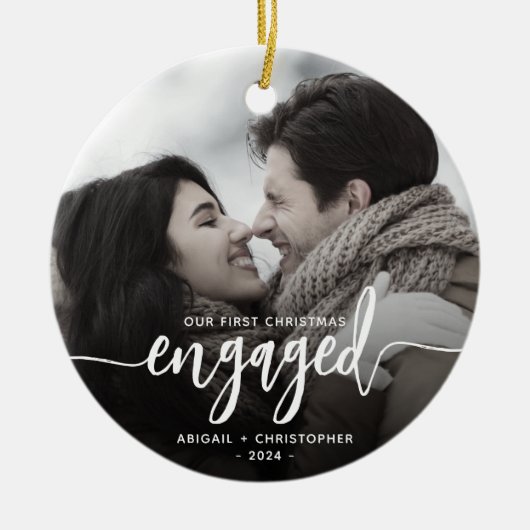 Eerste kerstcadeautje Foto wit script Keramisch Ornament (Voorkant)