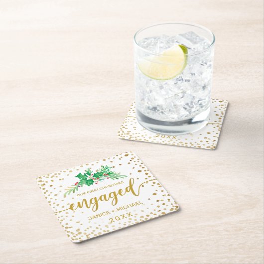 Eerste kerstcadeautje Gold Script Holly Monogram Kartonnen Onderzetters (Insitu)