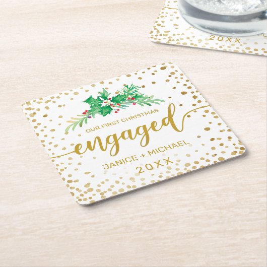 Eerste kerstcadeautje Gold Script Holly Monogram Kartonnen Onderzetters (Schuin)