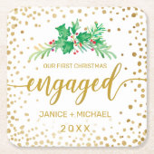 Eerste kerstcadeautje Gold Script Holly Monogram Kartonnen Onderzetters (Voorkant)