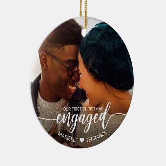 Eerste kerstcadeautje White Script 2 Foto Keramisch Ornament (Rechts)