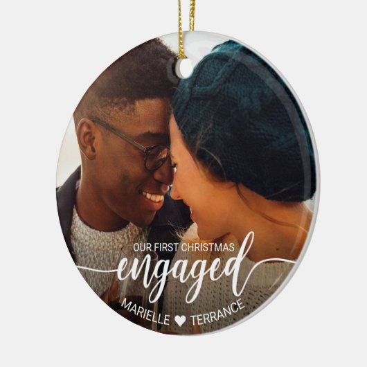 Eerste kerstcadeautje White Script 2 Foto Keramisch Ornament (Links)