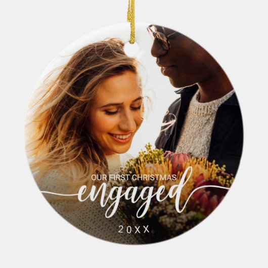 Eerste kerstcadeautje White Script 2 Foto Keramisch Ornament (Achterkant)