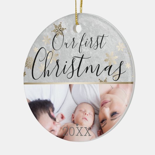 Eerste Kerstdag Aangepaste foto Silver en Gold Keramisch Ornament (Links)