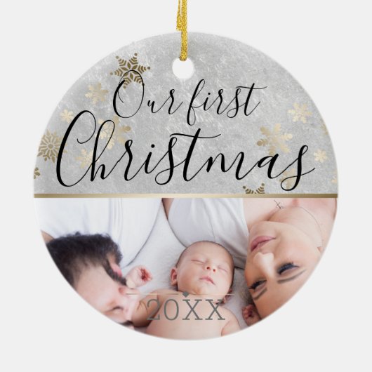 Eerste Kerstdag Aangepaste foto Silver en Gold Keramisch Ornament (Achterkant)
