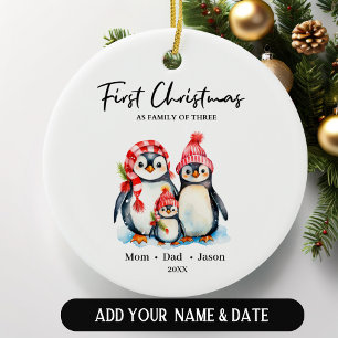 Eerste kerstdag als familie van drie pinguïns keramisch ornament