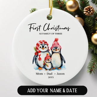 Eerste kerstdag als familie van drie pinguïns keramisch ornament