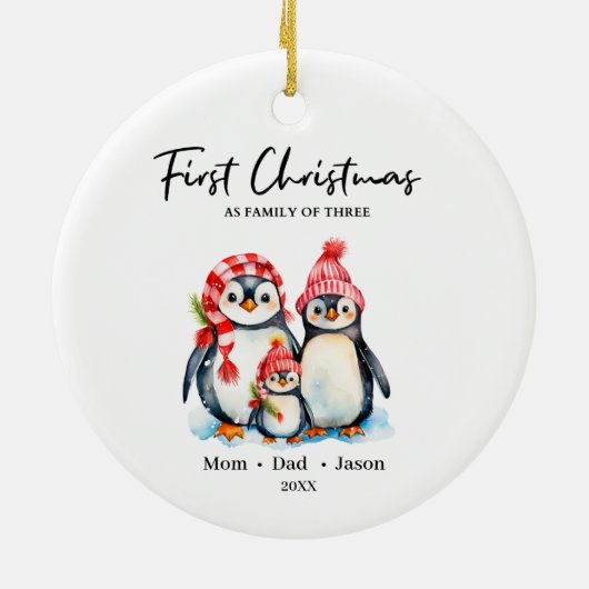 Eerste kerstdag als familie van drie pinguïns keramisch ornament (Achterkant)