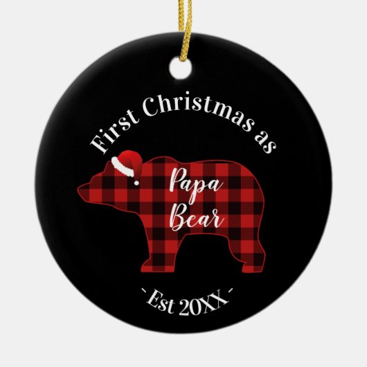 Eerste Kerstdag als Papa Beer Buffalo Plaid Keramisch Ornament (Voorkant)