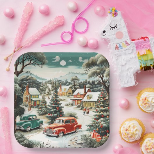 Eerste Kerstdag Huizen Auto's Dennenbomen Bergen M Papieren Bordje (Feest)