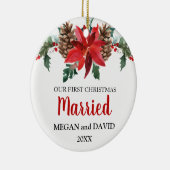 Eerste Kerstdag met rode winterbloemen Keramisch Ornament (Rechts)