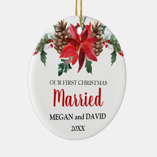 Eerste Kerstdag met rode winterbloemen Keramisch Ornament (Rechts)