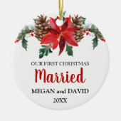 Eerste Kerstdag met rode winterbloemen Keramisch Ornament (Voorkant)