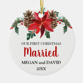 Eerste Kerstdag met rode winterbloemen Keramisch Ornament