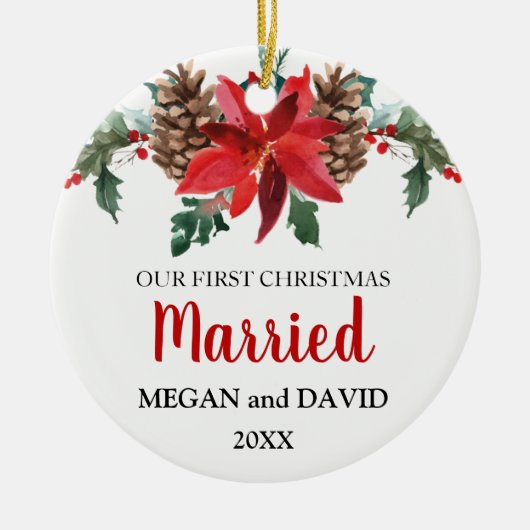 Eerste Kerstdag met rode winterbloemen Keramisch Ornament (Voorkant)