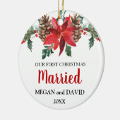 Eerste Kerstdag met rode winterbloemen Keramisch Ornament (Links)