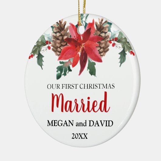 Eerste Kerstdag met rode winterbloemen Keramisch Ornament (Links)