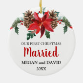 Eerste Kerstdag met rode winterbloemen Keramisch Ornament (Achterkant)