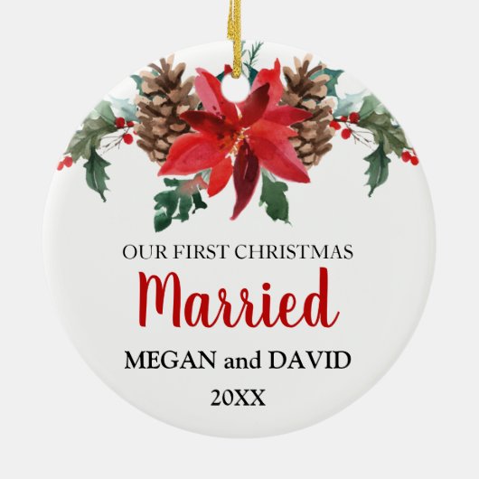 Eerste Kerstdag met rode winterbloemen Keramisch Ornament (Achterkant)