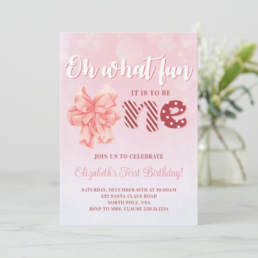 Eerste Kerstdag Pink Party Uitnodiging (Staand voorkant)