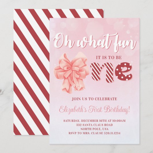 Eerste Kerstdag Pink Party Uitnodiging (Voorkant / Achterkant)