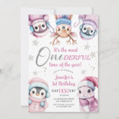 Eerste Kerstdag Schattigee Roze Winterdieren Kaart (Voorkant)