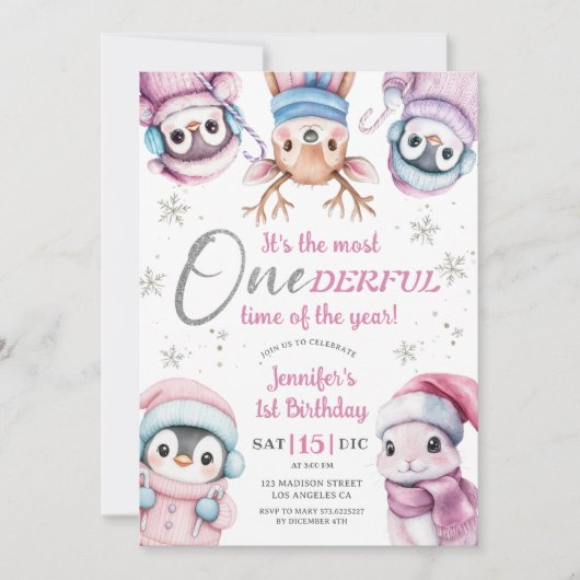 Eerste Kerstdag Schattigee Roze Winterdieren Kaart (Voorkant)