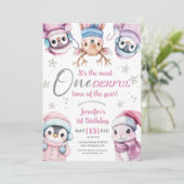 Eerste Kerstdag Schattigee Roze Winterdieren Kaart (Staand voorkant)