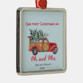 Eerste Kerstdag  truck - rood script Metalen Ornament (Rechts)
