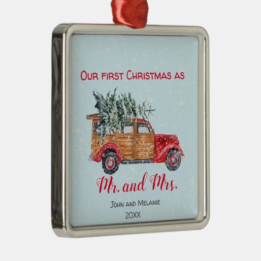 Eerste Kerstdag  truck - rood script Metalen Ornament (Rechts)