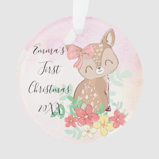 Eerste Kerstdag Woodland Deer Floral Ornament (voorkant)
