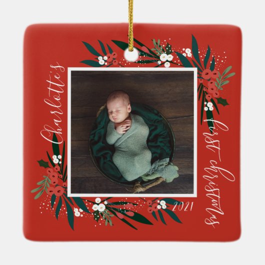  Eerste kerstdageraad- en olievlek-Baby Foto Keramisch Ornament (Achterkant)