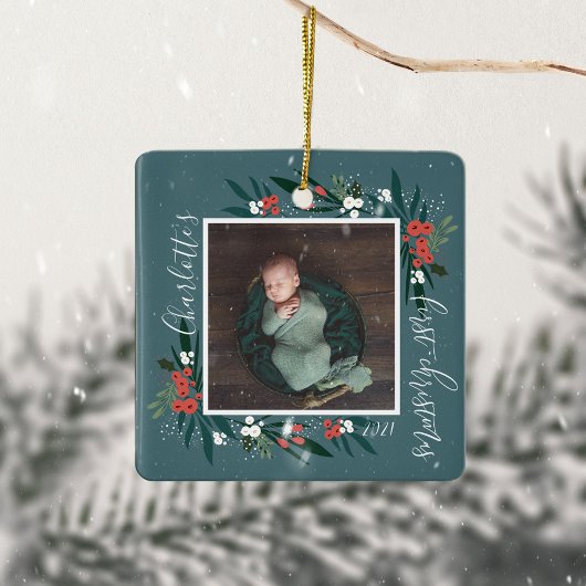 Eerste kerstdageraad- en olievlek-Baby Foto Keramisch Ornament