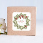 Eerste kersteslegant Wreath Red Holly Monogram Vierkante Sticker<br><div class="desc">kerstvakantie met groot monogram,  elegante botanische groenpijnboom,  eenvoudig minimalistisch groen winterblad,  moderne monogrammed initiaal naam,  trendy stijlvol kalligrafiescript,  modern whimsical typografie font,  kerstvakantiewoning décor,  rode en groene waterverf woede,  een landelijke feestdag,  kerstvakantie monogrammed label sticker</div>