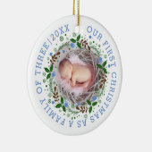 Eerste kerstfamilie met drie grote blauwe foto's keramisch ornament (Rechts)