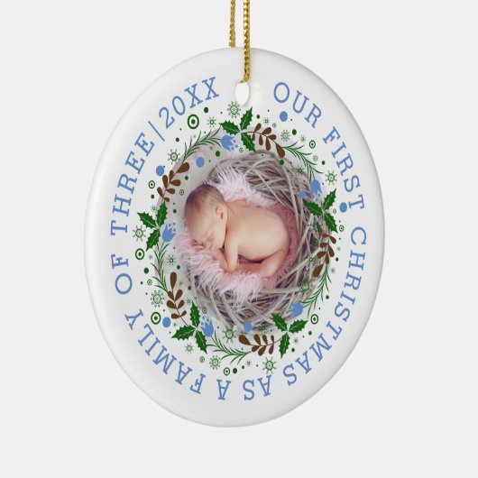 Eerste kerstfamilie met drie grote blauwe foto's keramisch ornament (Rechts)