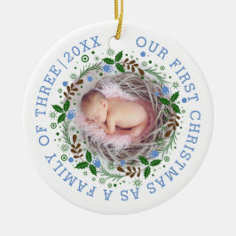 Eerste kerstfamilie met drie grote blauwe foto's keramisch ornament