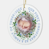 Eerste kerstfamilie met drie grote blauwe foto's keramisch ornament (Links)