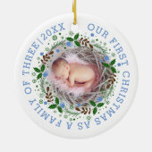 Eerste kerstfamilie met drie grote blauwe foto's keramisch ornament (Achterkant)