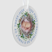 Eerste kerstfamilie met drie grote blauwe foto's ornament (voorkant)