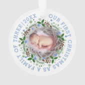 Eerste kerstfamilie met drie grote blauwe foto's ornament (achterkant)
