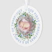 Eerste kerstfamilie met drie grote blauwe foto's ornament (voorkant)
