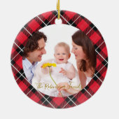 Eerste kerstfamilie van drie fotopasgeboren Baby Keramisch Ornament (Achterkant)