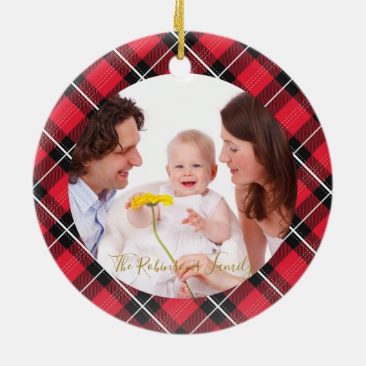 Eerste kerstfamilie van drie fotopasgeboren Baby Keramisch Ornament (Achterkant)