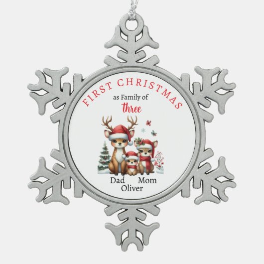 Eerste kerstfamilie van drie Keepsake-foto's Tin Sneeuwvlok Ornament (Voorkant)