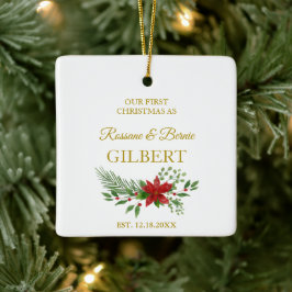Eerste kerstfeest als citaat met Poinsettia-ontwer Keramisch Ornament