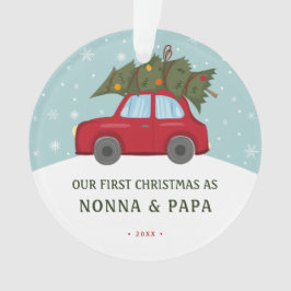 Eerste kerstfeest als grootouders rode autofoto ornament